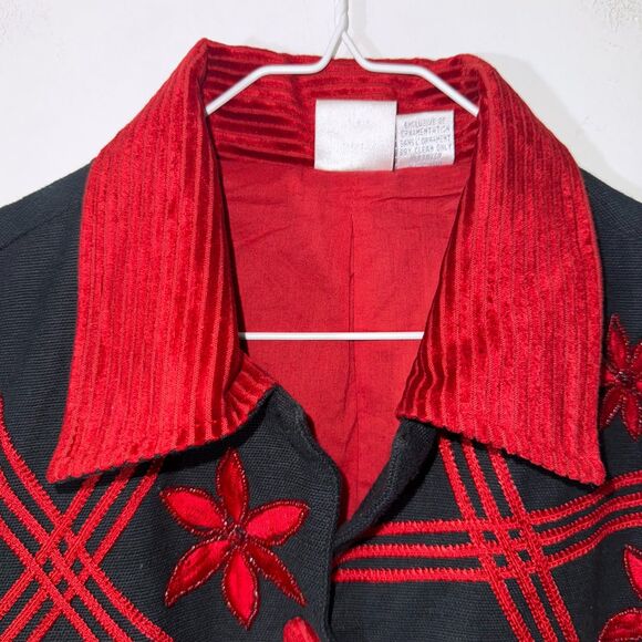 VTG Bleu Bayou Twill Beaded Embroidered Jacket Corduroy Collar - Black/Red L - Picture 3 of 7